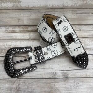 B.B. Simon Leather Belt 40 White Black Swarovski Crystal BB Pattern Y2K Edgy